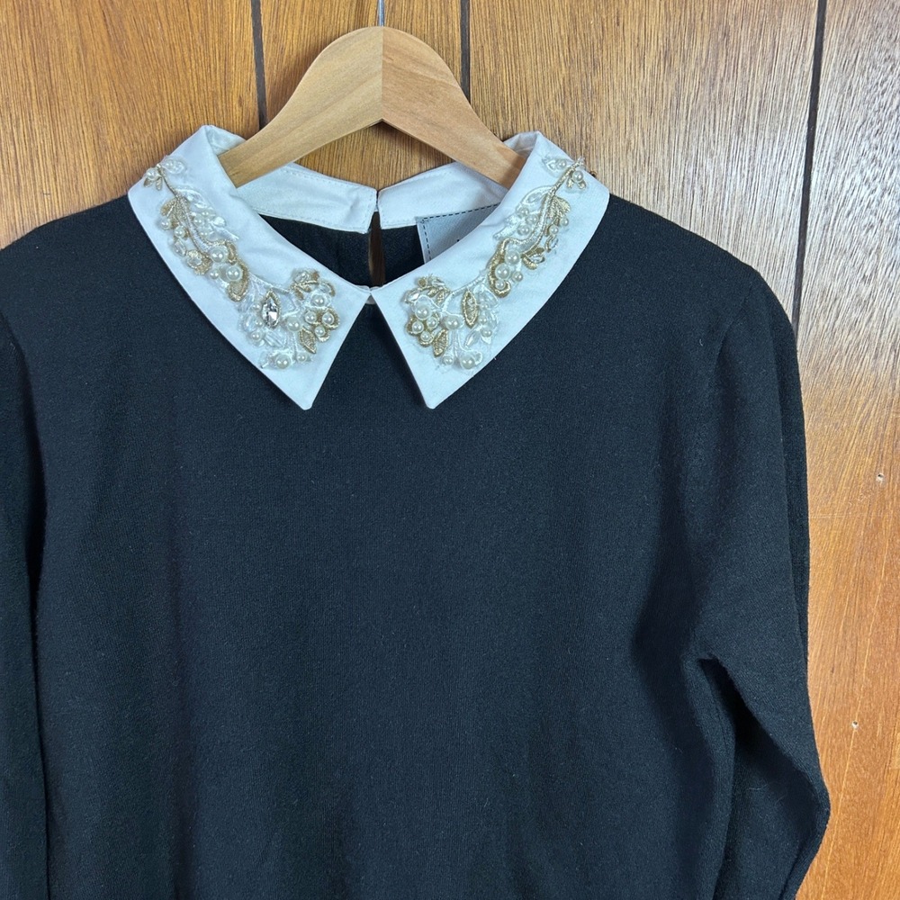 LIV Milano Black Knit‎ Sweater Embellished Peter Pan Collar Size M